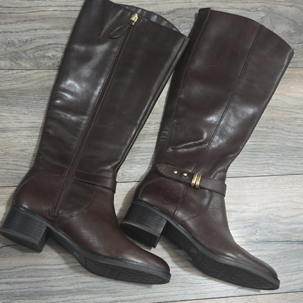 Franco Sarto Dark Brown Leather Knee-High Heeled Boots